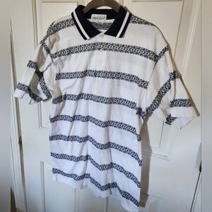 Vintage Mark Scot Polo Golf Short Sleeve White Navy Striped 100% Cotton Size M